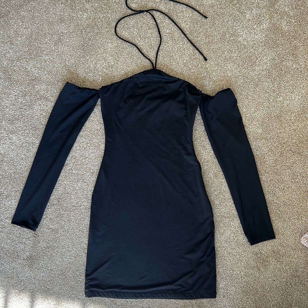 Princess Polly Black Long Sleeve Off the Shoulder Halter Body Con Dress - Size 2